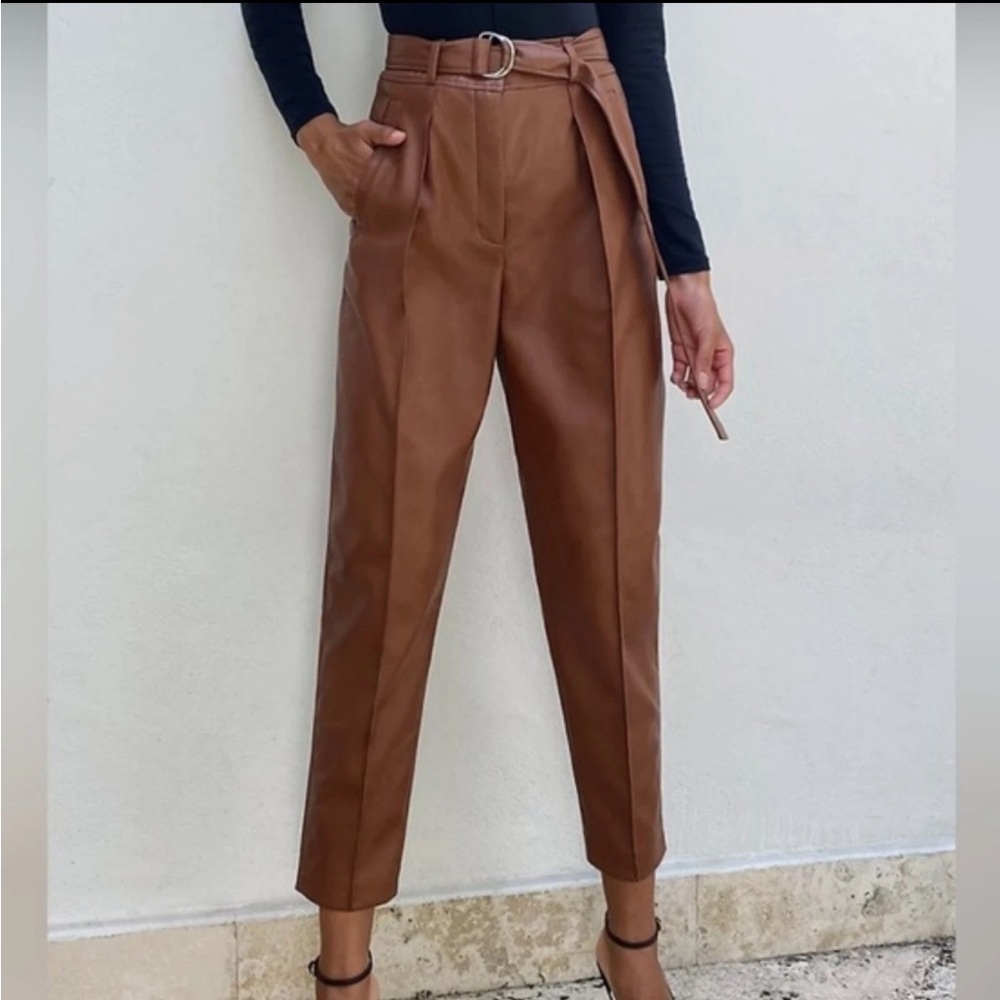 Babaton Cognac Belted High-Waisted Faux Leather Corpcore Girlboss Vegan Trouser